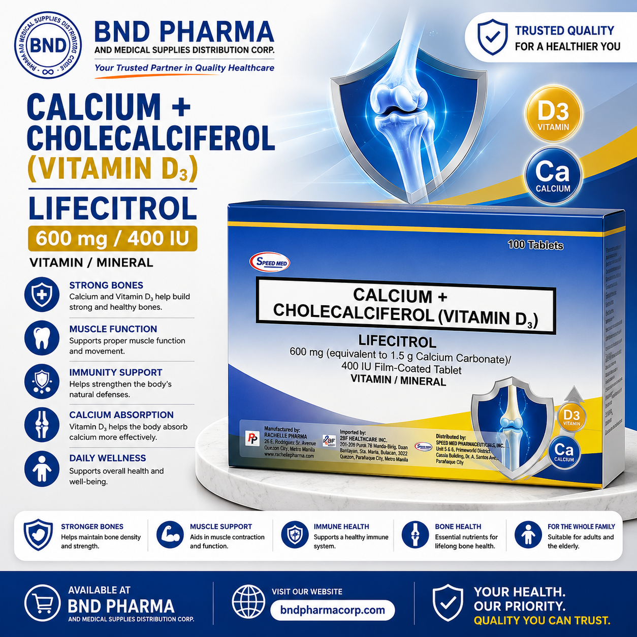 LIFECITEROL Calcium+Cholecalciferol VITAMIN D3 600mg 400IU Film coated Tablet FDA