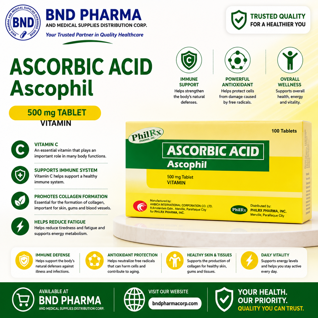ASCOPHIL Ascorbic Acid 500mg Tab 100's FDA Approved