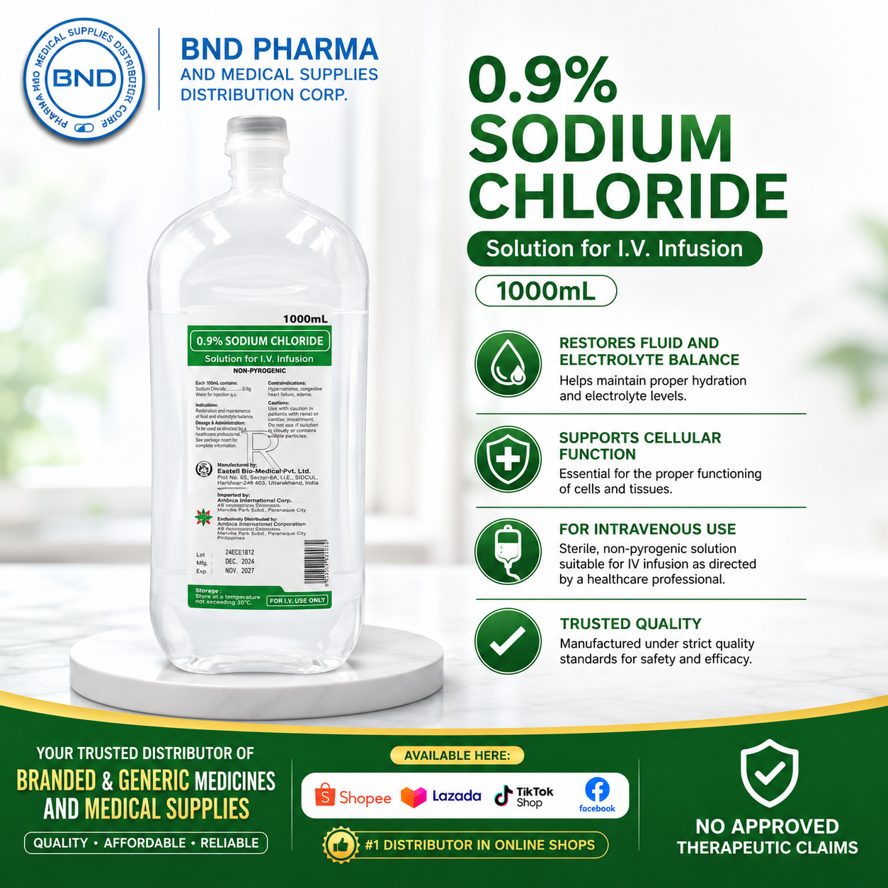 0.9% Sodium Chloride Intravenous Infusion Solution (Normal Saline) 1000 mL bottle