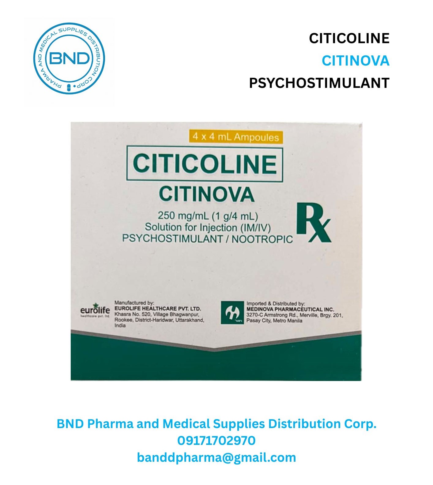 Citinova Citicoline 250 mg/mL (1 g/4 mL) Solution for Injection